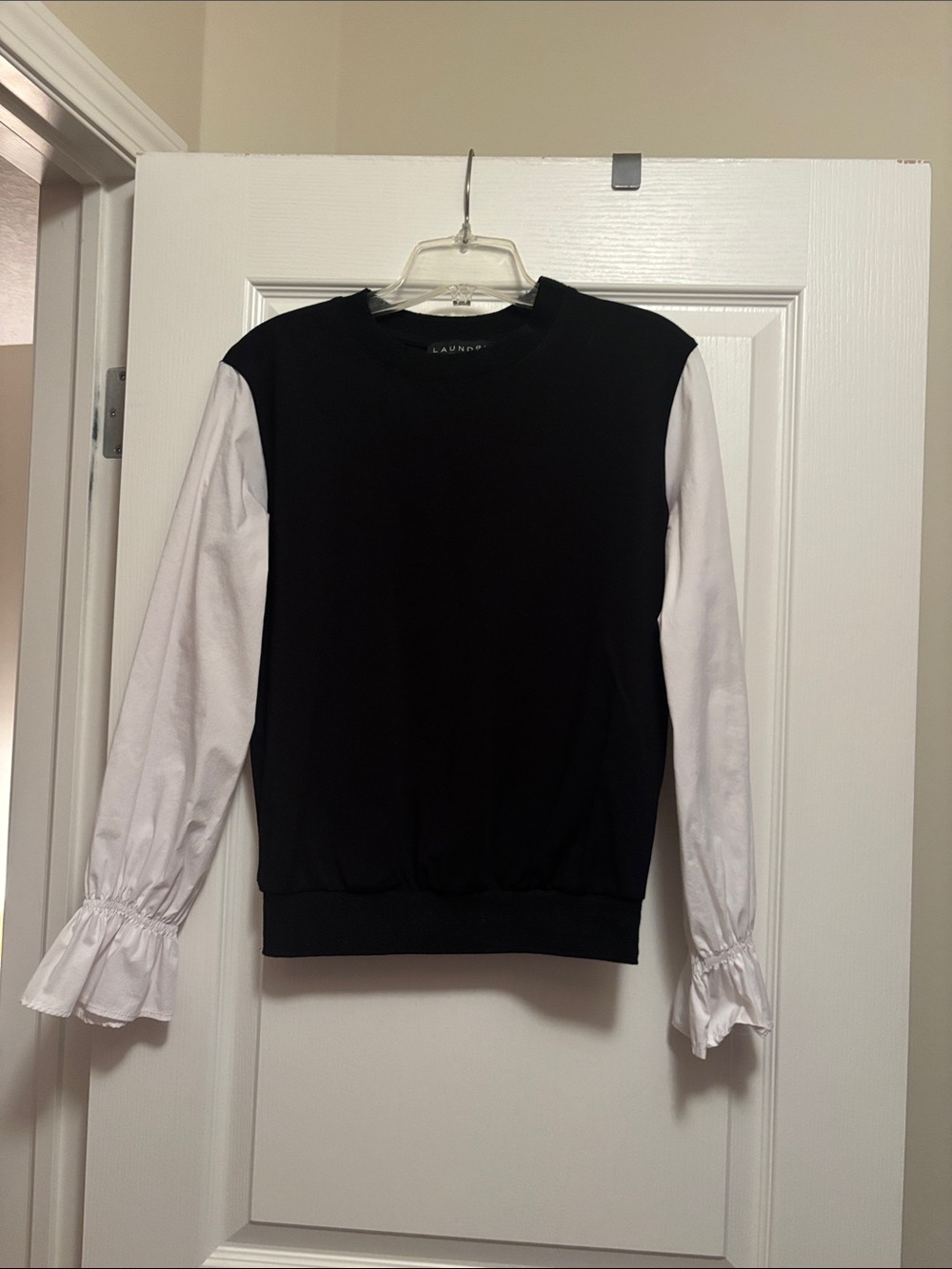 Laundry By Shelli Segal Black Sweater with White Ruffle Sleeve Detail